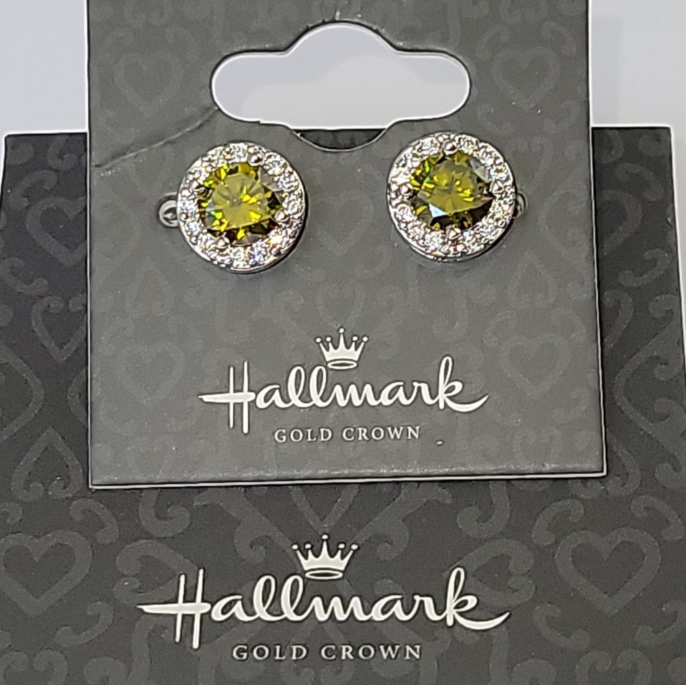 "Hallmark" Simulated Green Peridot & Faux Diamond Halo Earrings Silvertone
